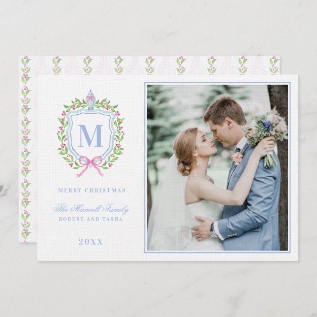 Invitación Ginger Jar y los Navidades Berries Escudo Monogram (Anverso / Reverso)