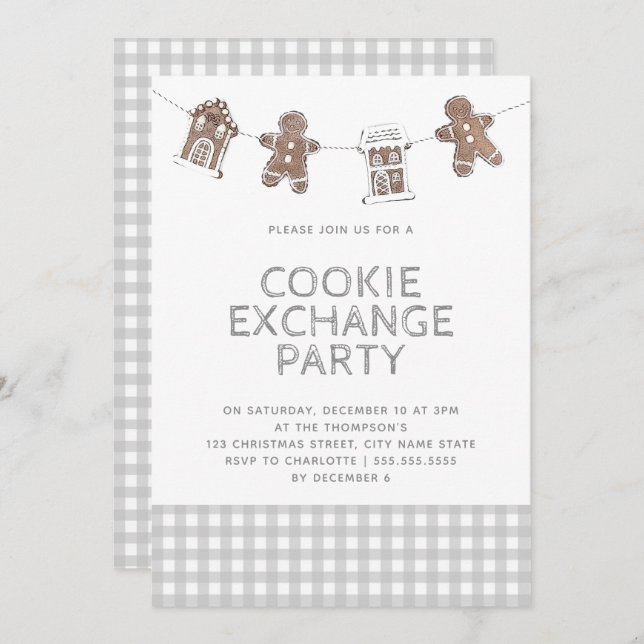 Invitación Gingerbread Gray Gingham Cookie Exchange (Anverso / Reverso)