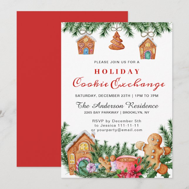 Invitación Gingerbread House Cookie Exchange Navidades Fiesta (Anverso / Reverso)