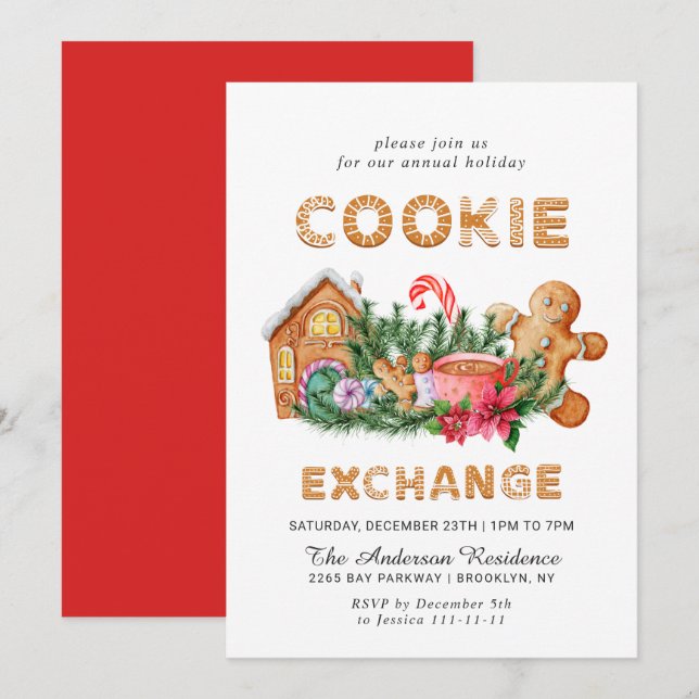 Invitación Gingerbread House Cookie Exchange Navidades Fiesta (Anverso / Reverso)
