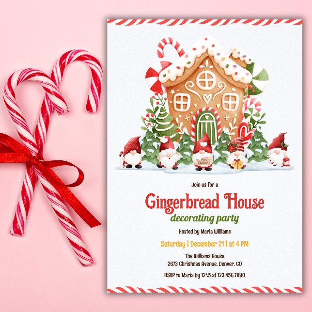 Invitación Gingerbread House Decorating Christmas Party (Gingerbread House Decorating Party – Cute Gnomes, Candy Cane, Personalized)