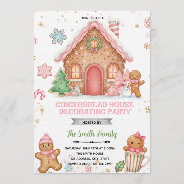 Invitación Gingerbread House Decorating pink theme Invitation (Anverso)