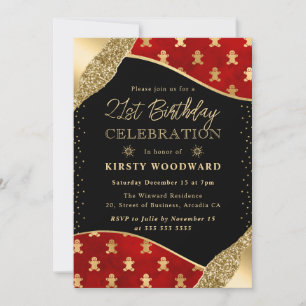 Invitación Gingerbread Masculino Rojo y Oro 21 cumpleaños