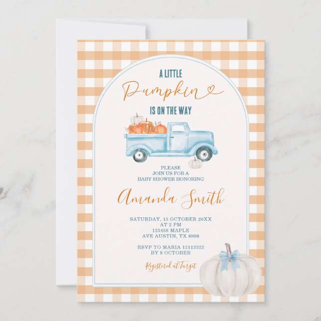 Invitación Gingham A Little Pumpkin Fall Truck Baby Shower (Anverso)