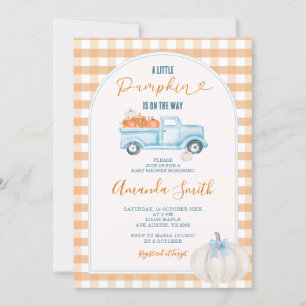 Invitación Gingham A Little Pumpkin Fall Truck Baby Shower