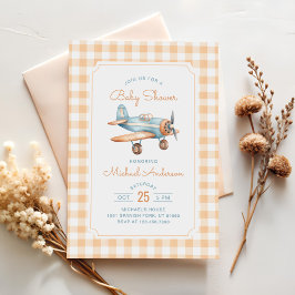 Invitación Gingham Airplane Boy Baby Shower