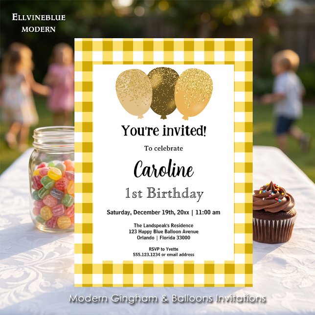 Invitación Gingham Amarillo, Globos de Fiesta Cumpleaños 1 (Yellow gingham balloon invitations! For 1st Birthday or any birthday. Size 5” x 7”.)