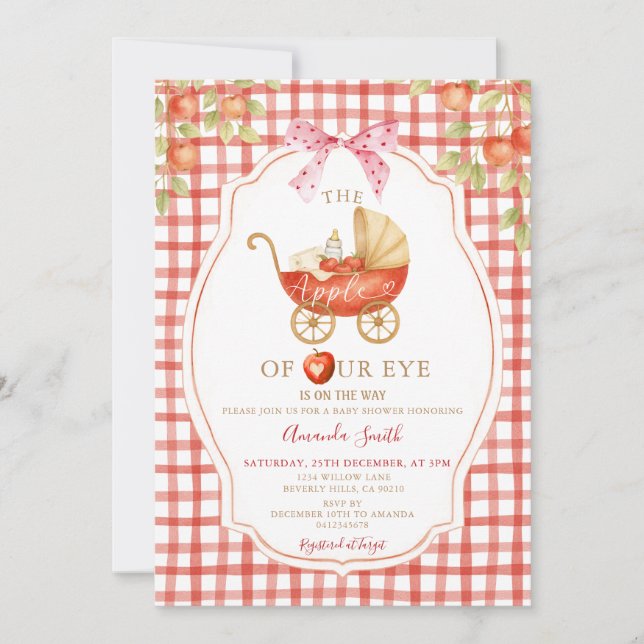 Invitación Gingham Apple de nuestro Ojo Baby Shower Carriage (Anverso)