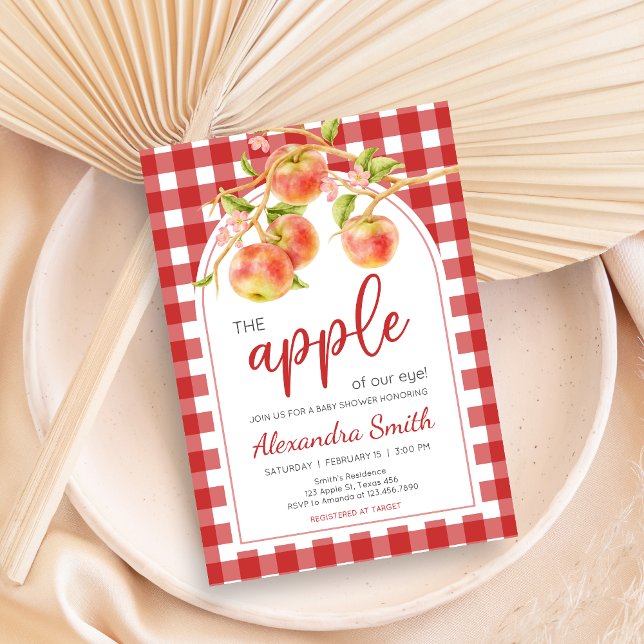 Invitación Gingham Apple of Our Eye Baby Shower (Apple Baby Shower Invitation)