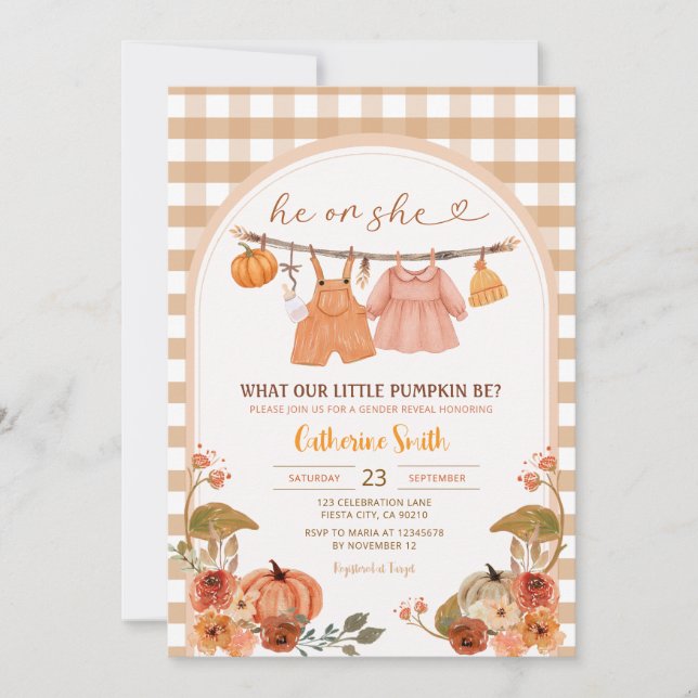 Invitación Gingham ArchPumpkin Género Reveal otoño (Anverso)