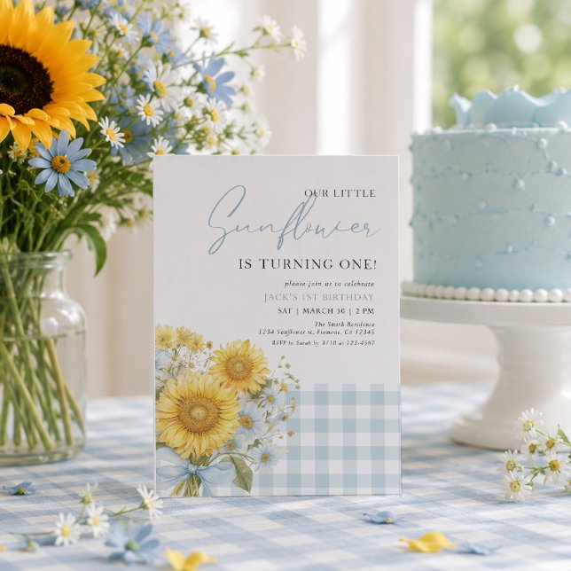Invitación Gingham Azul Cumpleaños 1er año de Girasol (Subido por el creador)