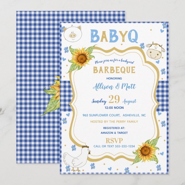 Invitación Gingham Azul de Girasoles Baby Q Barbacoa (Anverso / Reverso)