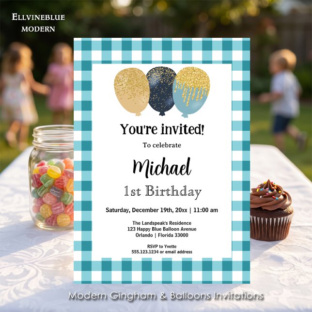 Invitación Gingham Azul Turquesa, Globos de Fiesta Cumpleaños (Teal Blue gingham balloon invitations! For 1st Birthday or any birthday. Size 5” x 7”.)