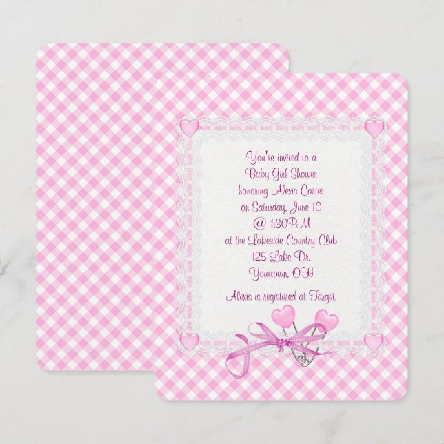 Invitación Gingham Baby Girl (Anverso / Reverso)
