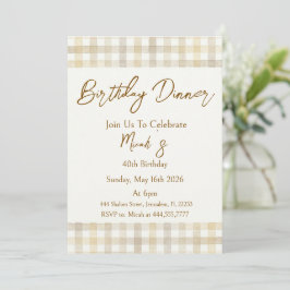 Invitación Gingham Beige Marrón Blanco Rústico Sencillo Vinta