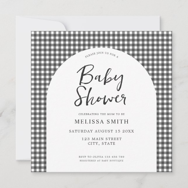 Invitación Gingham Black White Checkered Baby Shower (Anverso)