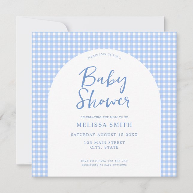 Invitación Gingham Blue Checkered Plaid Baby Shower (Anverso)