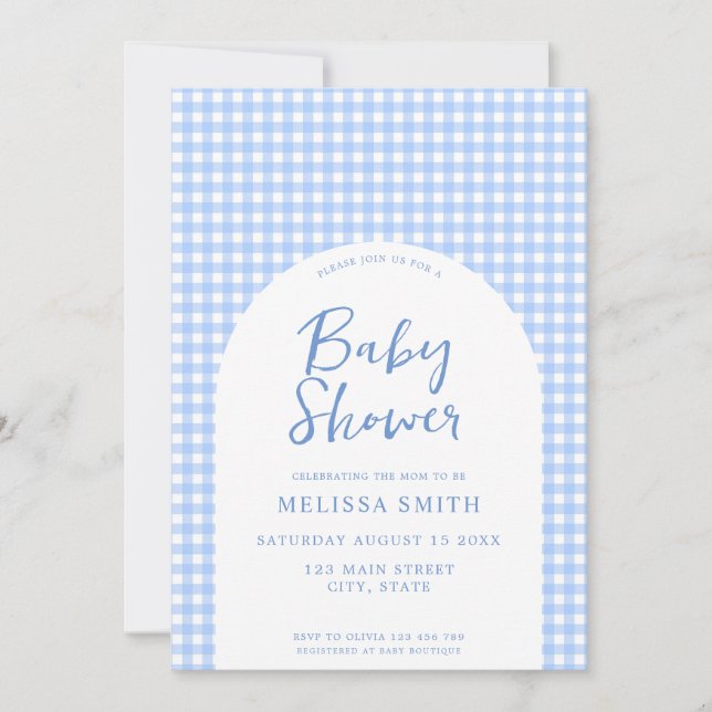 Invitación Gingham Blue Checkered Plaid Baby Shower (Anverso)