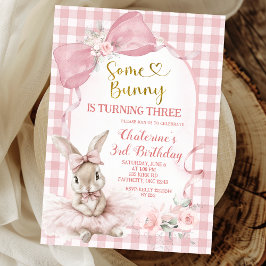 Invitación Gingham Blush Pink Floral Bow Bunny Ballerina