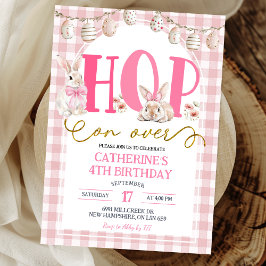Invitación Gingham Boho Floral Hop on over Bunny Birthday