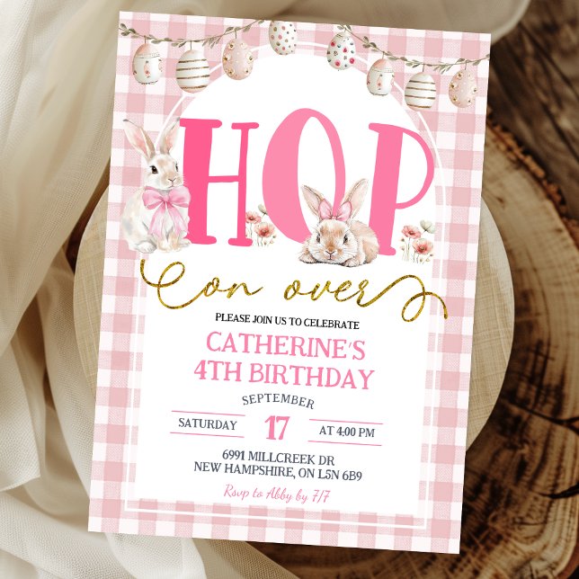 Invitación Gingham Boho Floral Hop on over Bunny Birthday (Subido por el creador)
