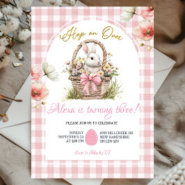 Invitación Gingham Boho Pink Bow Floral Easter Bunny Birthday