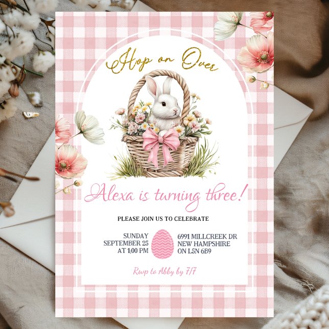 Invitación Gingham Boho Pink Bow Floral Easter Bunny Birthday (Subido por el creador)