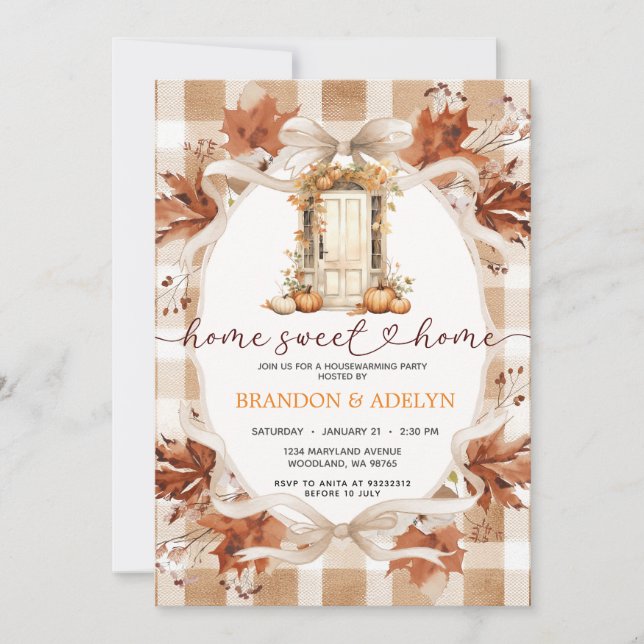 Invitación Gingham Boho Pumpkin housewarming party (Anverso)