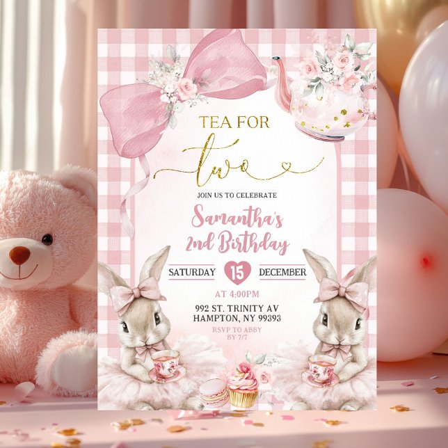 Invitación Gingham Bow Pink Bunny Tea Party Second Birthday I (Subido por el creador)