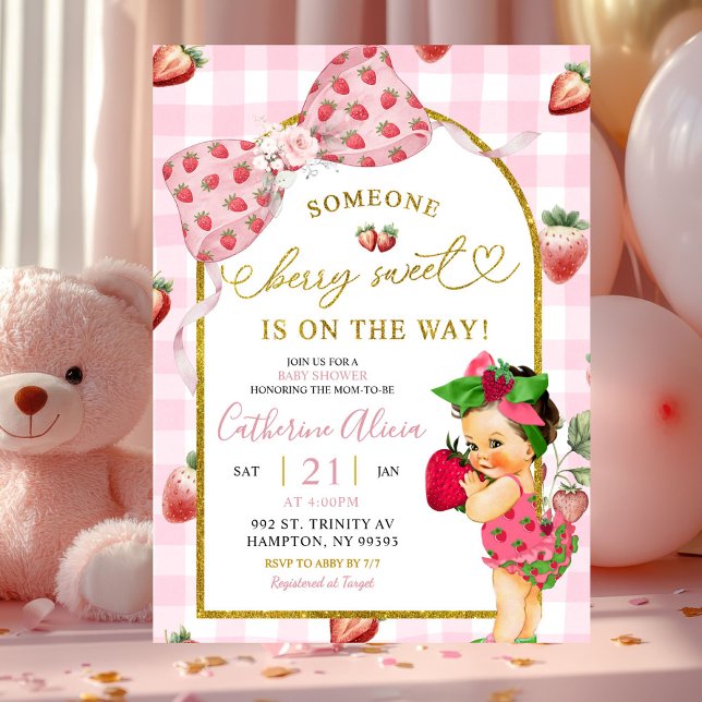 Invitación Gingham Bow Strawberry Spanish Baby Baby Shower (Subido por el creador)