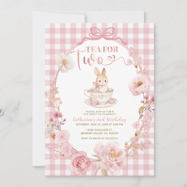 Invitación Gingham Bunny Tea Party Birthday Pink Bow (Anverso)