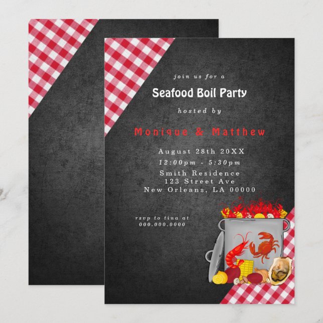 Invitación Gingham Chalkboard Seafood Fiesta (Anverso / Reverso)