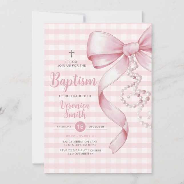 Invitación Gingham Chica Baptism Pink Bow Pearl Cross (Anverso)