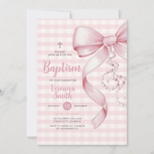Invitación Gingham Chica Baptism Pink Bow Pearl Cross