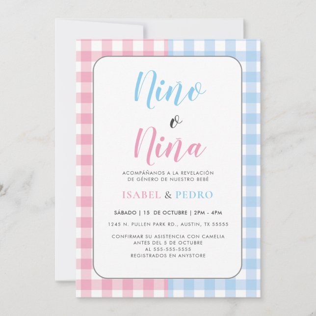 Invitación Gingham Classic Nino o Nina Revelación de Género E (Anverso)