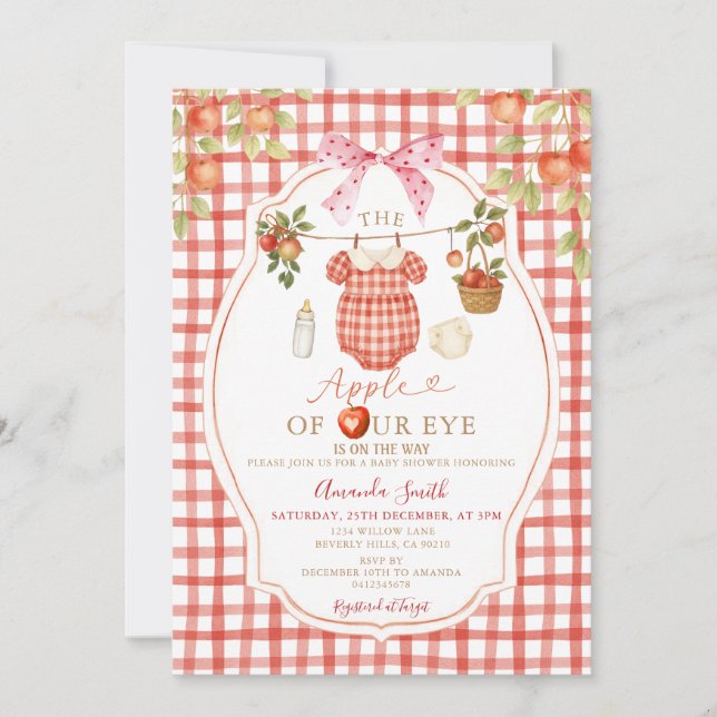 Invitación Gingham Clothesline Apple of the Eye Baby Shower (Anverso)