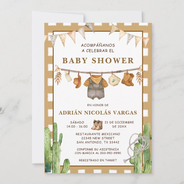Invitación Gingham Clothesline Español Baby Shower (Anverso)