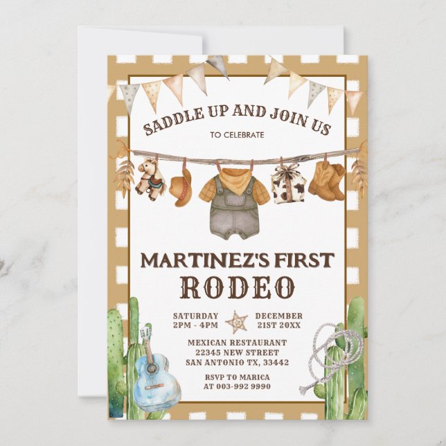 Invitación Gingham Clothesline My First Rodeo Cowboy Birthday (Anverso)