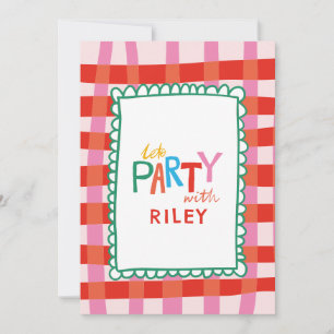 Invitación Gingham Colorido "Vamos a la Fiesta" Nombre Person