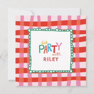 Invitación Gingham Colorido "Vamos a la Fiesta" Nombre Person