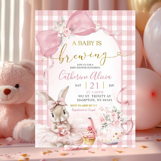 Invitación Gingham Coquette Pink Floral Bunny Baby Shower (Subido por el creador)