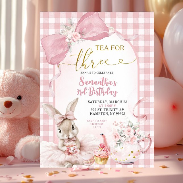Invitación Gingham Coquette Pink Floral Bunny Third Birthday (Subido por el creador)