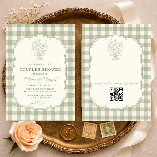Invitación Gingham Couples Shower Floral Bow QR Code (Subido por el creador)