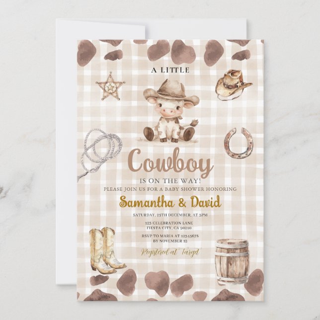 Invitación Gingham Cowboy is on the Way Baby Shower  (Anverso)