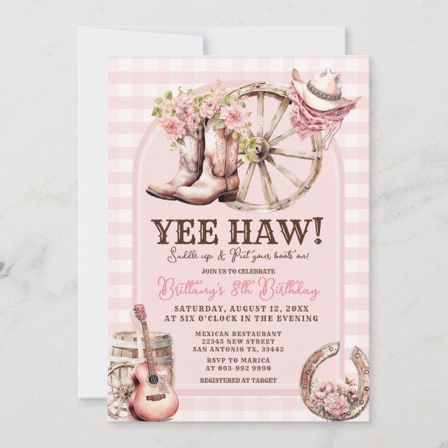 Invitación Gingham Cowgirl Occidente 8 cumpleaños (Anverso)