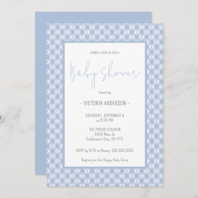 Invitación Gingham Cute Pastel Blue Boy Baby Shower (Anverso / Reverso)