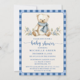 Invitación Gingham Cute Teddy Bear Beige Baby Shower