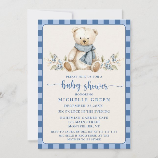 Invitación Gingham Cute Teddy Bear Beige Baby Shower (Anverso)