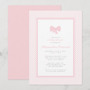 Invitación Gingham de bebé con arco rosa