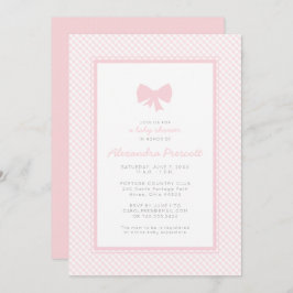 Invitación Gingham de bebé con arco rosa